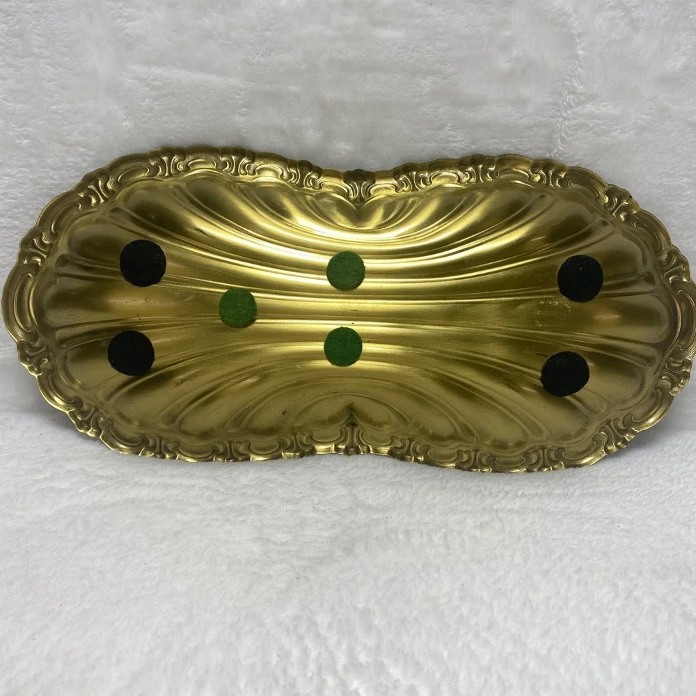 Vintage‎ Gold Tone Ornate Metal Trinket Dish Jewelry Serving Tray Vanity Decor
